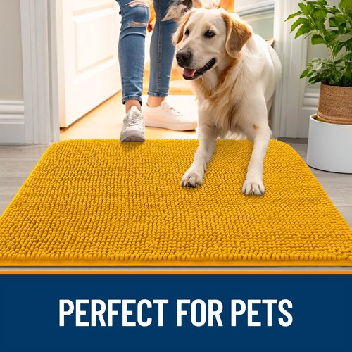 OLANLY Dog Door Mat for Muddy Paws 47x17, Absorbs Moisture and Dirt, Absorbent Non-Slip Washable Doormat, Quick Dry Chenille Mud Mat, Entry Indoor Entryway Carpet for Inside Floor, Golden Yellow