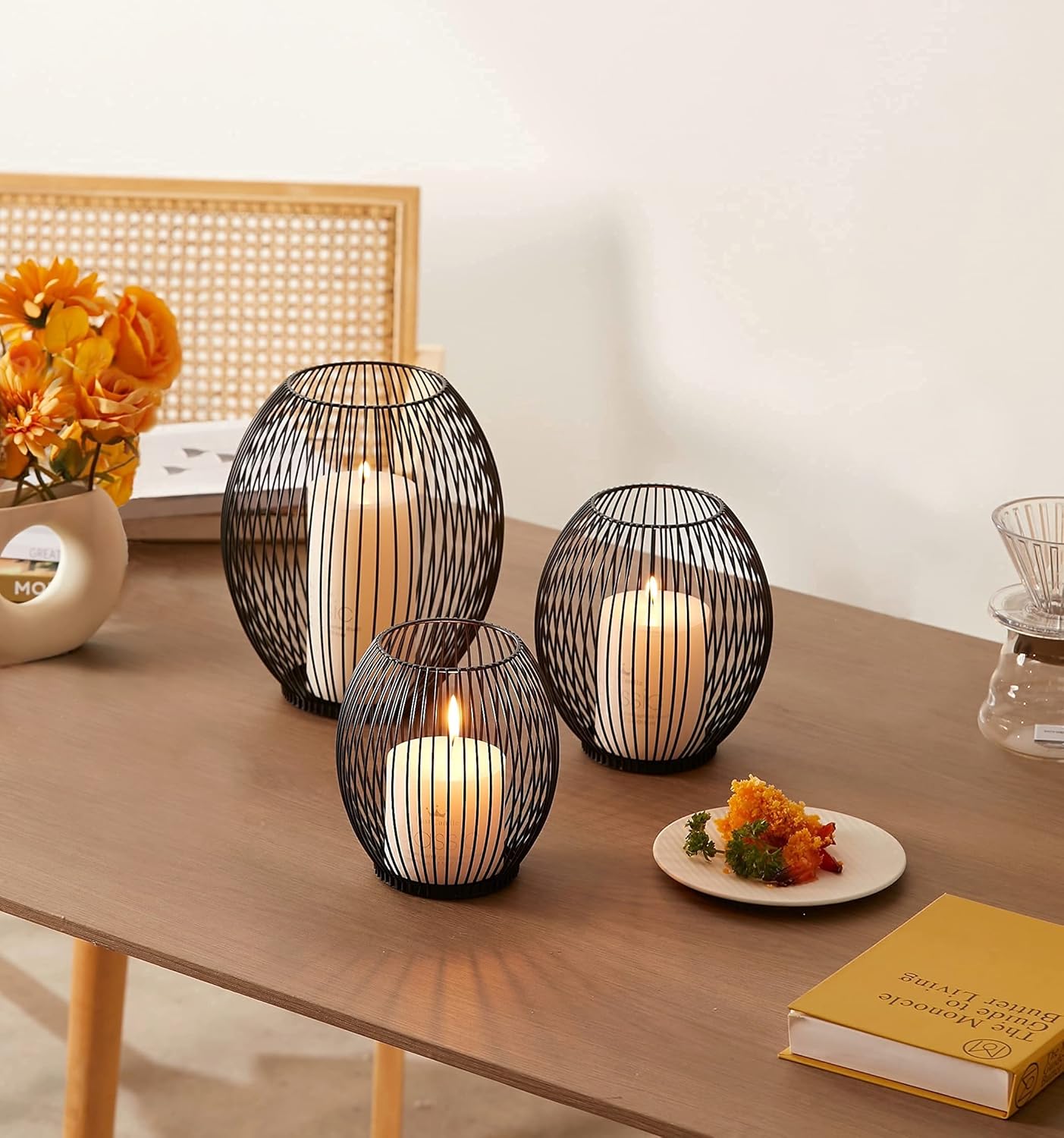 OLEEK Outdoor Candle Holders - Black Wire Pillar Holder for Patio & Table Centerpiece - Iron Lantern Decor
