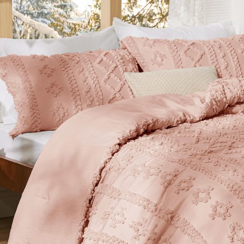 Bedsure Tufted Boho Comforter Set Queen Size - Pink Boho Bed Set, GentleSoft™ 3 Pieces Farmhouse Shabby Chic Embroidery Bedding, Gifts for Woman, Soft Jacquard Queen Comforter for All Seasons