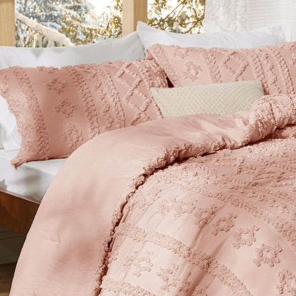 Bedsure Tufted Boho Comforter Set Queen Size - Pink Boho Bed Set, GentleSoft™ 3 Pieces Farmhouse Shabby Chic Embroidery Bedding, Gifts for Woman, Soft Jacquard Queen Comforter for All Seasons