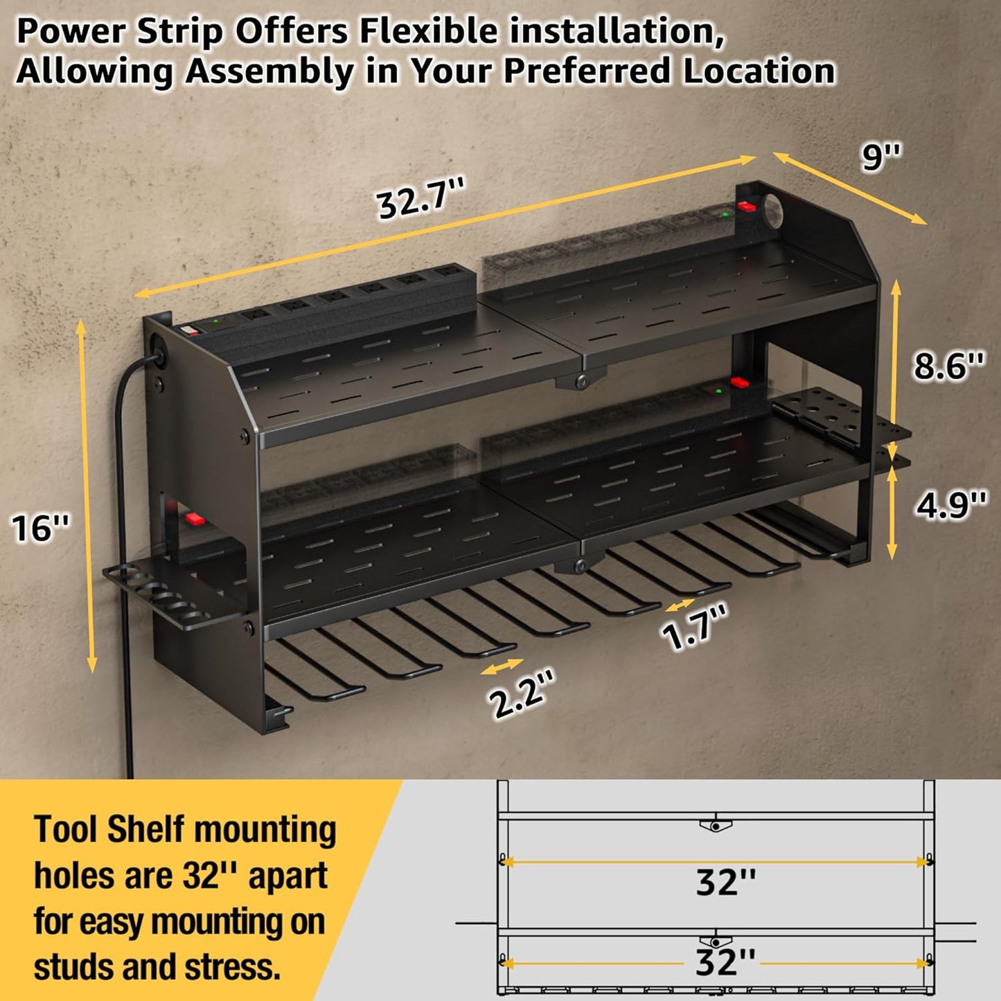 YYR Power Tool Organizer - Wall-Mounted Charging Station for Cordless Drills & Batteries | Black Storage Rack