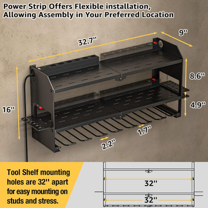 YYR Power Tool Organizer - Wall-Mounted Charging Station for Cordless Drills & Batteries | Black Storage Rack