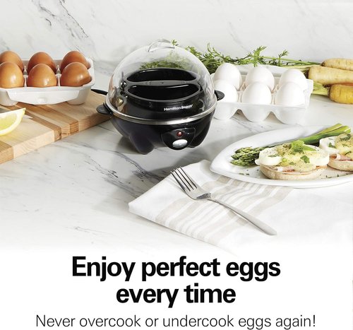 Hamilton Beach Electric Egg Cooker - 3-in-1 for Hard Boiled, Poached Eggs & Omelets - Black, Holds 7