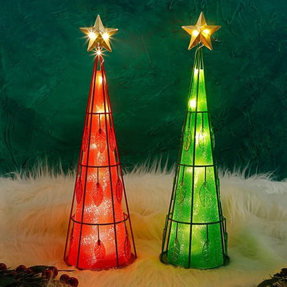 Juegoal Lighted Christmas Table Decorations - Battery Operated LED Cone Shaped Ornaments | 2 Pack, Green & Red