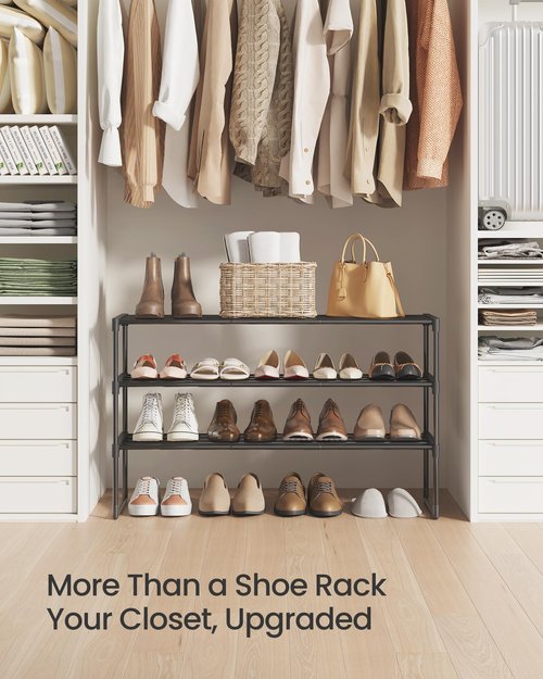 SONGMICS Shoe Rack, 3-Tier Shoe Organizer, Metal Storage Shelf, Upright or Upside Down, for 16-20 Pairs, Stackable, for Entryway, 11.8 x 36.2 x 21.7 Inches, Black ULSA303B02