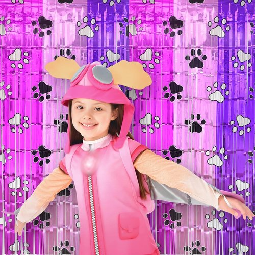Bupelo Pink Paw Birthday Decorations - 2 Pack Tinsel Foil Fringe Curtains | 3.3 x 6.6ft Dog Party Backdrop