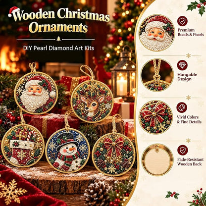 6Pcs Wooden Christmas Ornament DIY Pearl Diamond Art Kit Set