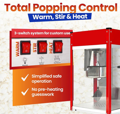 Popcorn Machine - Electric Popcorn Popper With Stainless Steel Kettle & Accessories | Theater Style | 1500W | Red, 8 oz (64 Cup Capacity)