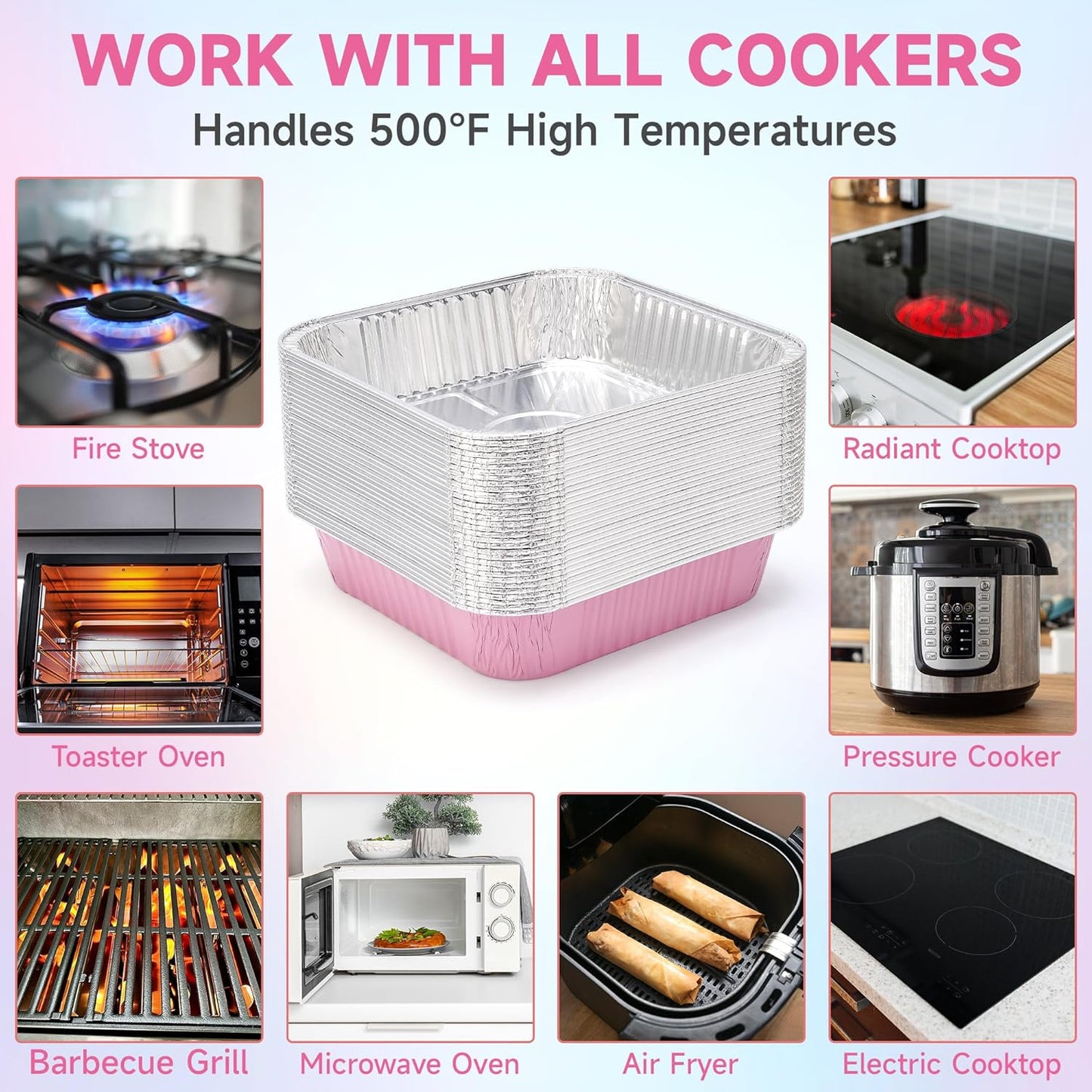 Regine Switzerland 35-Pack Pink 8x8 Inch Disposable Aluminum Foil Pans - Eco-Friendly Baking Trays with Lids & Stickers