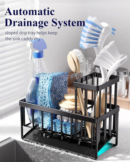 Kitsure Sponge Holder | Rustproof Stainless Steel Sink Caddy for Organized Kitchen - 7.9" x 3.7" x 6.2", Black