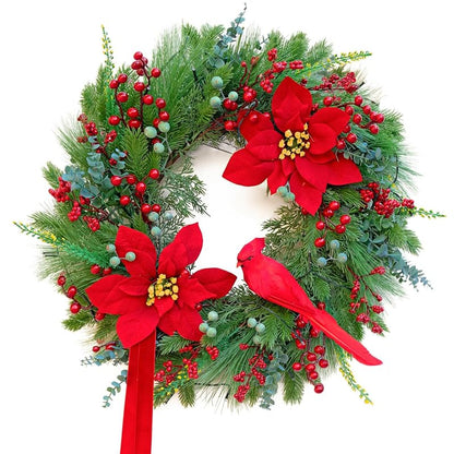 24-Inch Pre-Lit Christmas Door Wreath with Cardinal Birds & Poinsettia