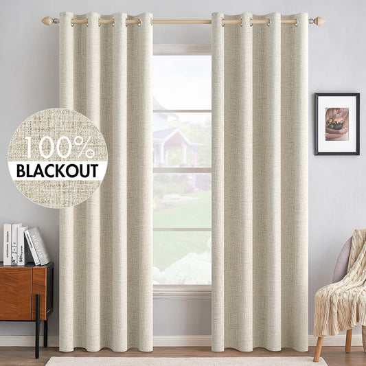 MIULEE 100% Blackout Linen Textured Curtains - Thermal Insulated Cream Drapes | 52 x 72 Inch (2 Panels)