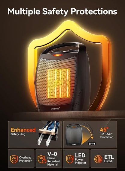 GiveBest Portable Electric Space Heater - 1500W Ceramic Heater with Thermostat | Heats 200 Sq Ft Quickly