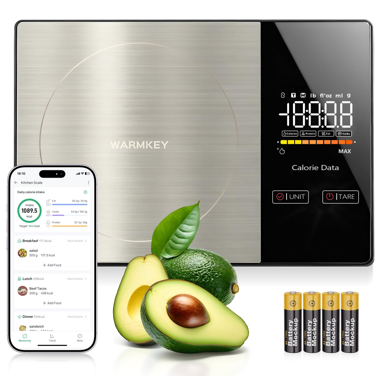 WARMKEY Smart Nutrition Food Scale - Digital Kitchen Scale with Nutritional Calculator App,Tare Function,Track Calories &24 Nutrients,11lb, Grams/Ounces, Healthy Eating & Meal Prep
