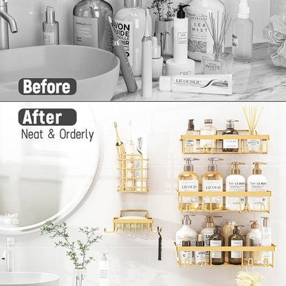 Liuoud Shower Caddy Organizer - Rustproof Stainless Steel Wall Storage Basket Set - Gold Finish, 5 Pack