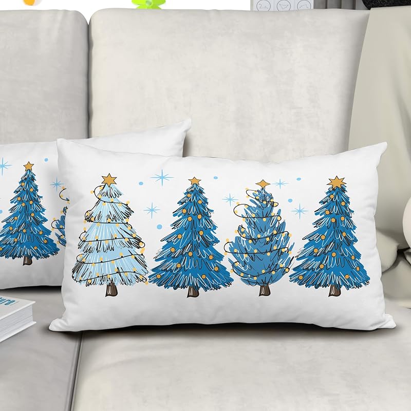 Blue Christmas Tree Throw Pillow Covers Set of 2 12x20 Decorative Pillow Cases