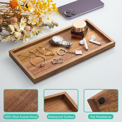 ALELION 11.7" Acacia Wood Bathroom Vanity Tray - Decorative Counter Organizer for Makeup, Perfume & Jewelry