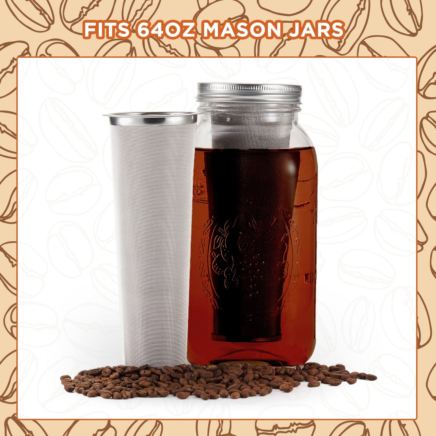 3 Pcs Cold Brew Coffee Filter 2 Quart Stainless Steel Filter Coffee Tea Infuser Coffee Strainer Mason Canning Jar Mesh Coffee Filter for Wide Mouth Mason Canning Jar, Iced Tea Maker (3.15 x 5.91 Inch)