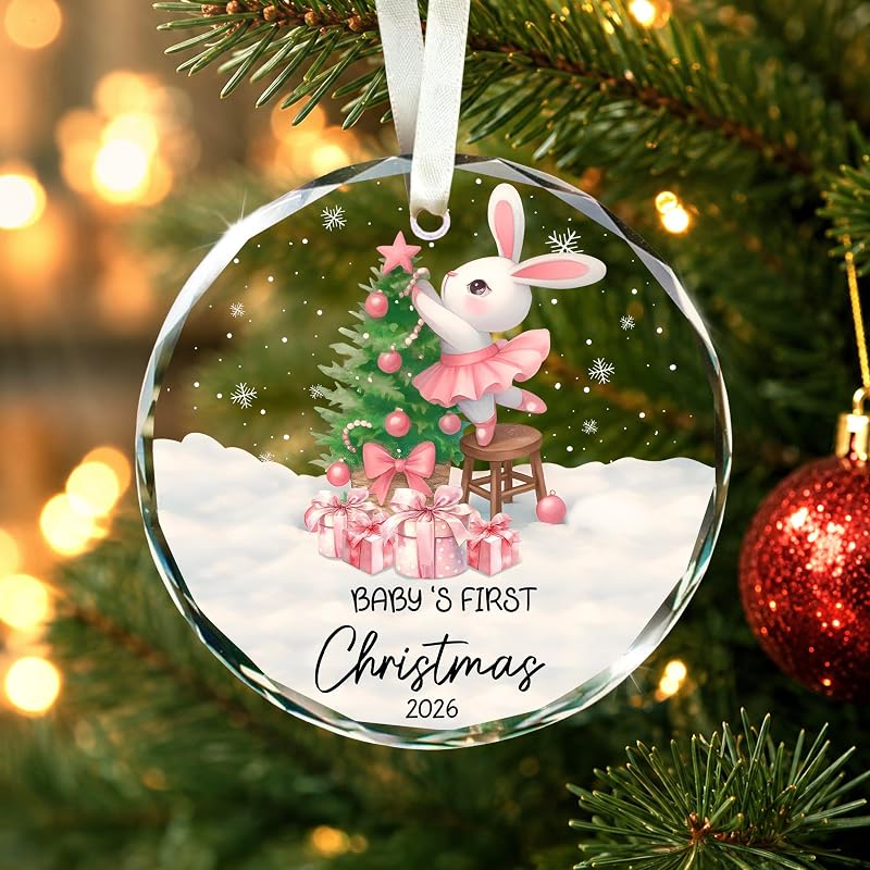 Baby Girl First Christmas Ornament 2026 - Glass Keepsake with Pink Bunny, 3.07 in, Variation: Baby 1st Christmas Pink