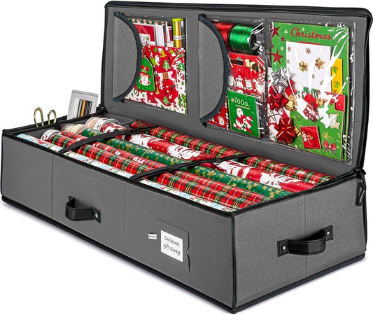 ZOBER Gift Wrapping Paper Organizer - 40" Storage for 24 Rolls with Pockets for Bows & Tags | Gray/Black 600D Oxford