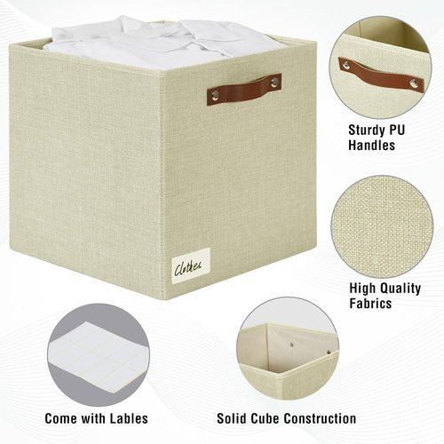 Bagnizer Collapsible Storage Cube Bins - Foldable Organizer Baskets with 2 Handles | 13"x13"x13", 4 Pack, Beige