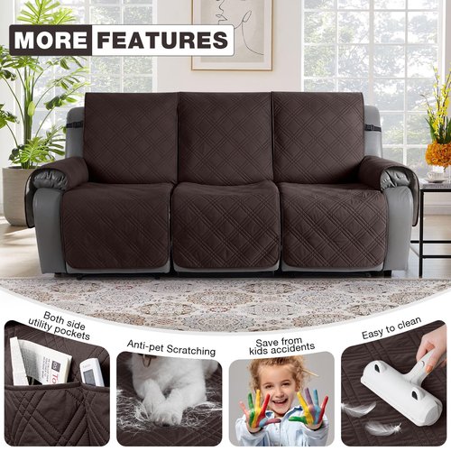 TAOCOCO 100% Waterproof Recliner Sofa Cover Non Slip Couch Cover for 3 Seat Reclining Sofa, Split Reclining Couch Covers 3-Piece with Straps, Washable Sofa Slipcover for Kids Pets(3 Seater, Chocolate)