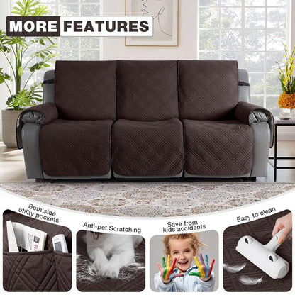 TAOCOCO 100% Waterproof Recliner Sofa Cover Non Slip Couch Cover for 3 Seat Reclining Sofa, Split Reclining Couch Covers 3-Piece with Straps, Washable Sofa Slipcover for Kids Pets(3 Seater, Chocolate)