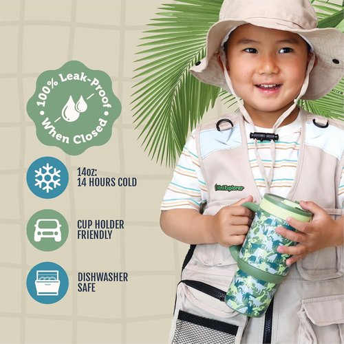 Ello Oasis 14oz Stainless Steel Toddler Tumbler - Leakproof, Insulated Kids Water Bottle | BPA Free, Dinos