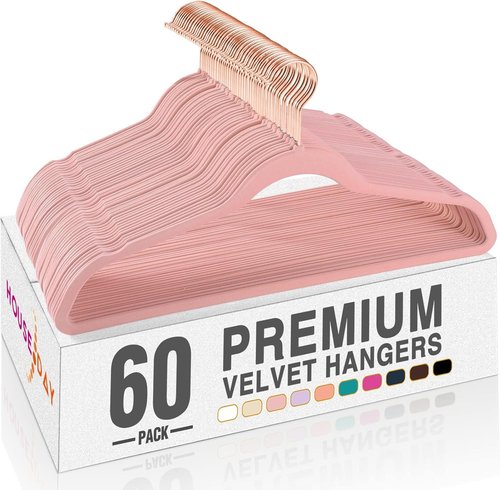 HOUSE DAY Pink Velvet Hangers - Premium Non-Slip Felt Clothes Hangers | 60 Pack, Heavy Duty, Space Saving