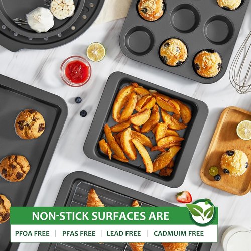 HONGBAKE Nonstick Bakeware Set - 10-Piece Kitchen Baking Pans with Wider Grips | Grey