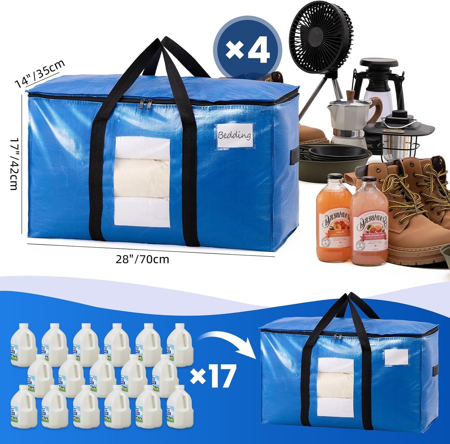 TAILI Extra Large Moving Bags - 4 Pack Heavy Duty Blue Totes with Visible Window & Wrap Around Handles