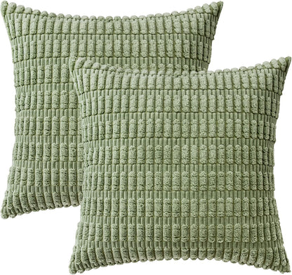 MIULEE Decorative Throw Pillow Covers - Soft Boho Striped Corduroy | Pack of 2, 18x18 Inch, Sage Green