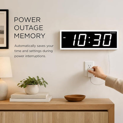 Ivation 24" Digital Wall Clock with Big LED Display, Timer & 8 Alarms - White