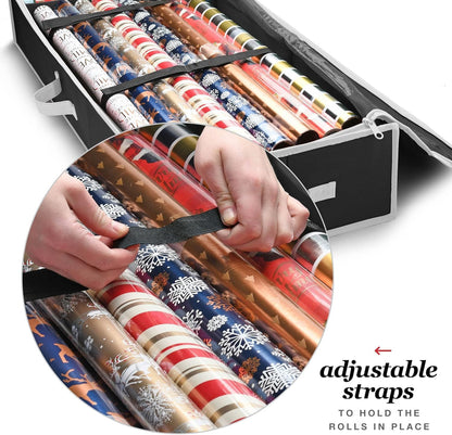 Premium Wrapping Paper Organizer - Heavy Duty Gift Wrap Holder with Extra Pockets | Fits Up to 27 Rolls (Black)