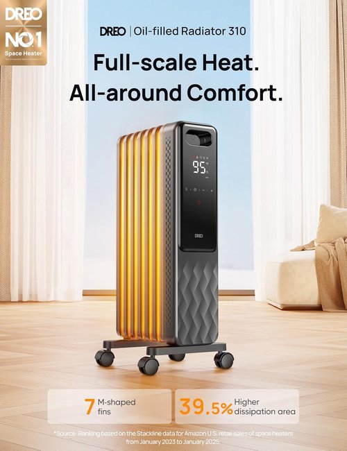 DREO Electric Radiant Heater - 1500W Oil Filled Radiator with Remote Control & Child Lock | Quiet, 4 Modes, 24h Timer