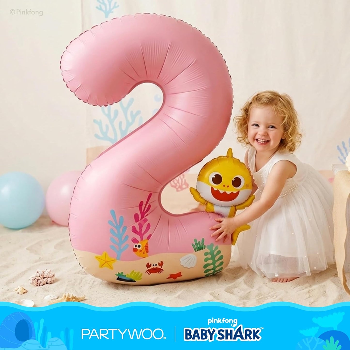 PartyWoo Baby Shark Pink Foil Number 2 Balloon - 40 Inch Mylar Helium Birthday Decoration for Kids