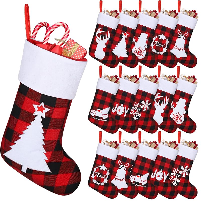 16 Pack Felt Christmas Stockings 18in Red Black Buffalo Plaid with Reindeer Scenes - Holiday Fireplace Decor