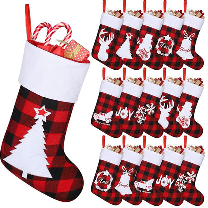16 Pack Felt Christmas Stockings 18in Red Black Buffalo Plaid with Reindeer Scenes - Holiday Fireplace Decor