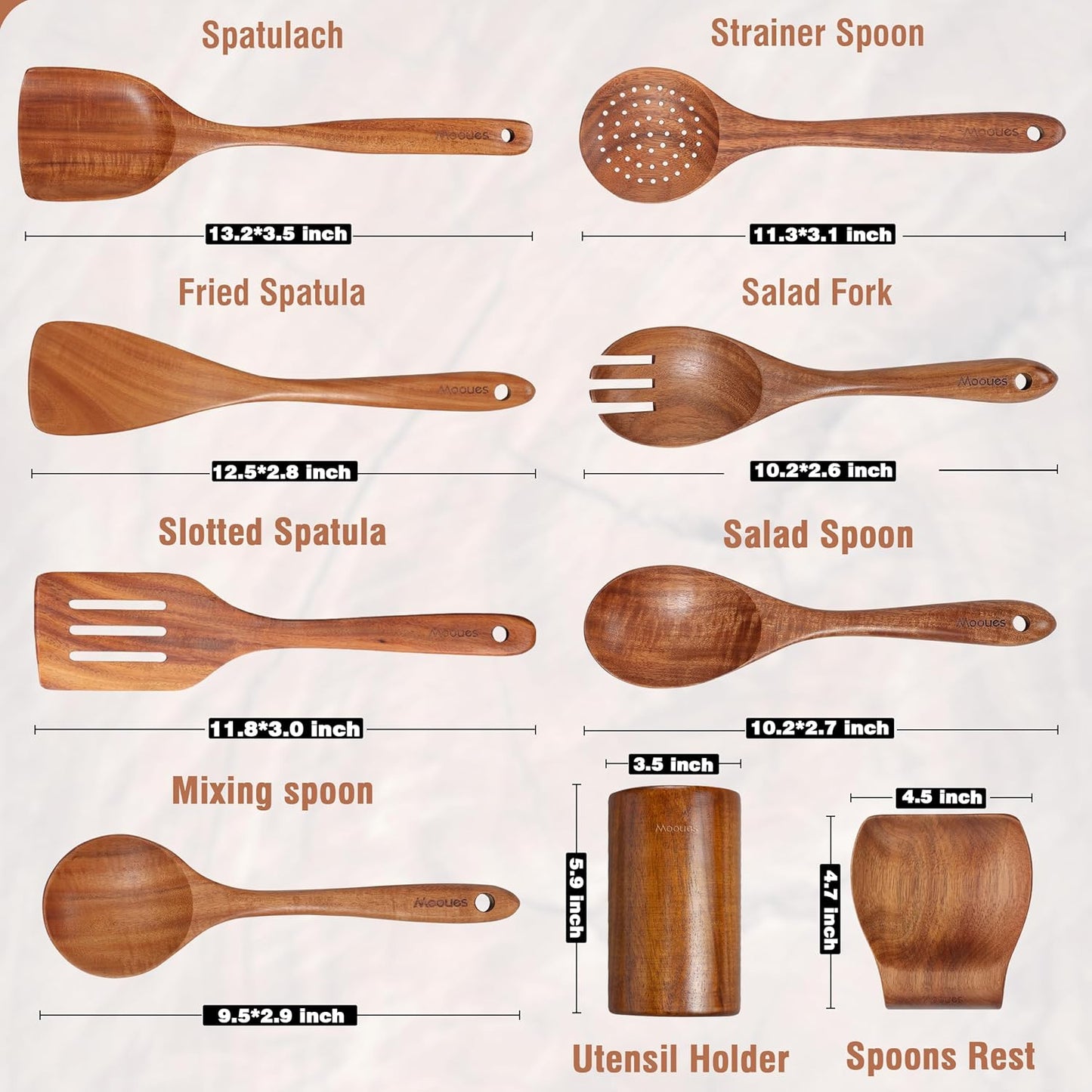 Mooues 9-Piece Natural Teak Wooden Kitchen Utensil Set - Comfort Grip Cooking Tools with Spoon Rest