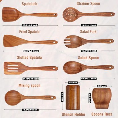 Mooues 9-Piece Natural Teak Wooden Kitchen Utensil Set - Comfort Grip Cooking Tools with Spoon Rest
