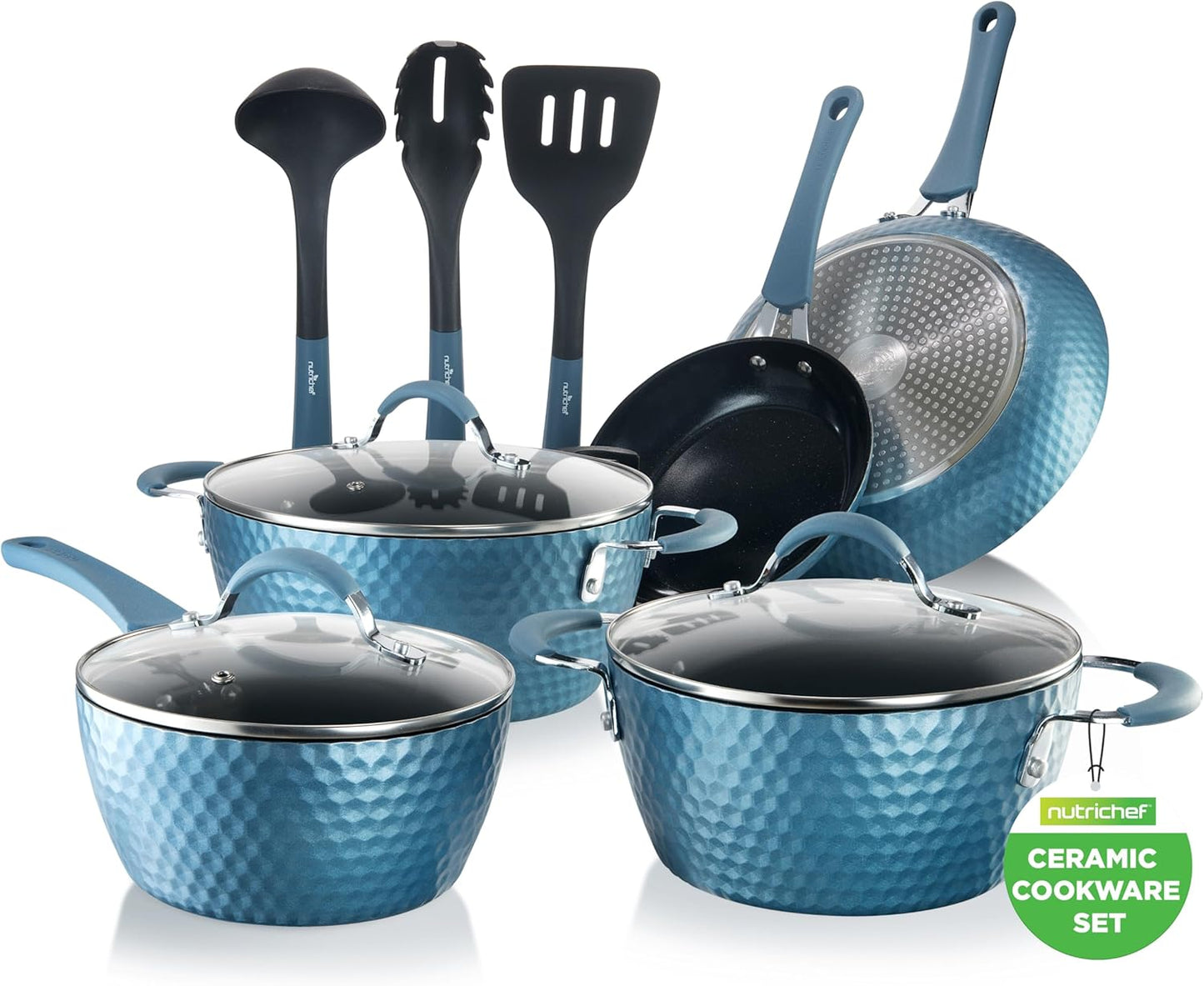 NutriChef 11-Piece Non-Stick Cookware Set - Ceramic Coating, Ergonomic Handles, Induction Ready | Royal Blue