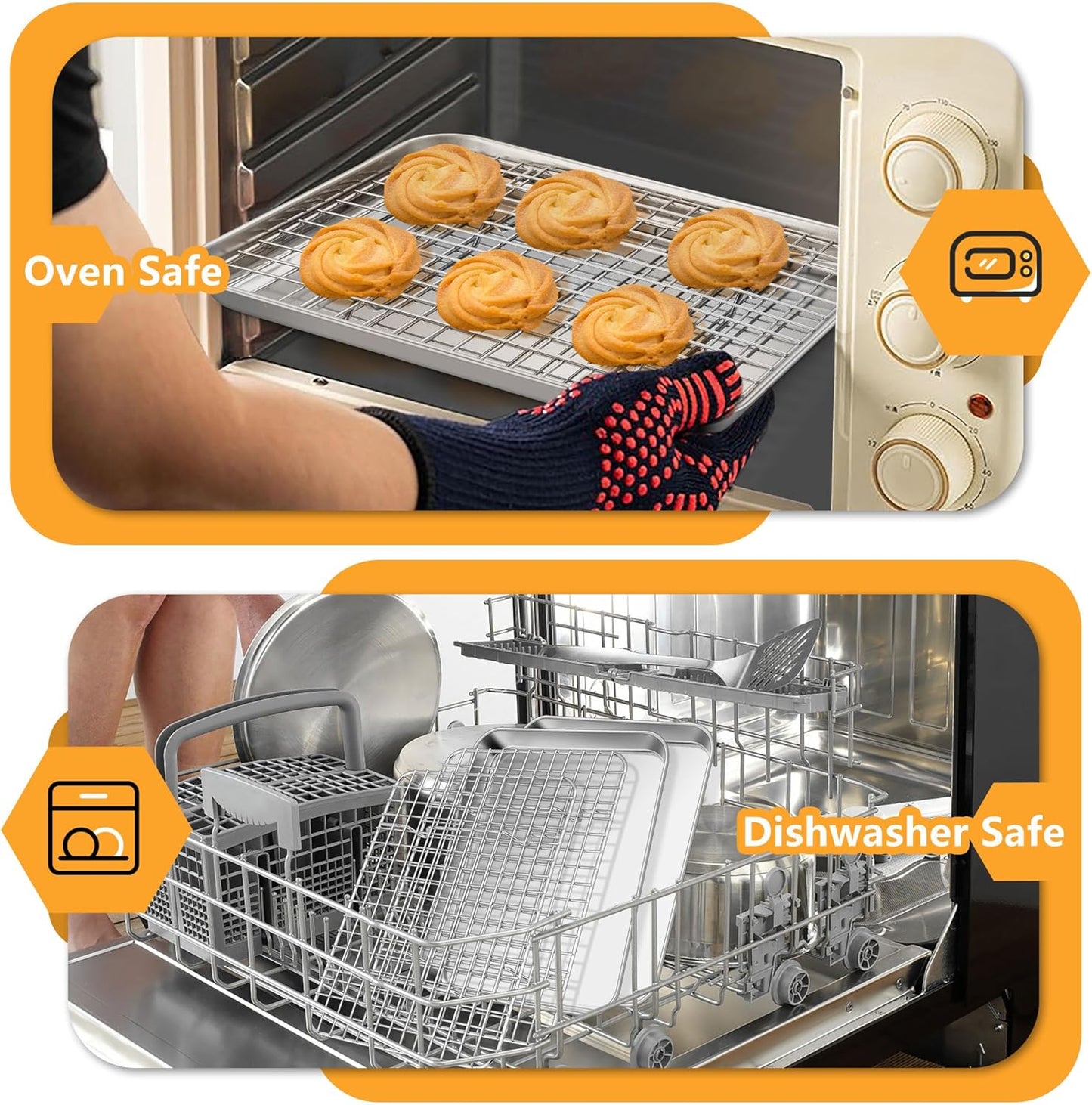 TeamFar Stainless Steel Toaster Oven Pan Set - 9 x 7 Inch Mini Baking Tray with Rack | Non-Toxic & Dishwasher Safe (2 Pans + 2 Racks)
