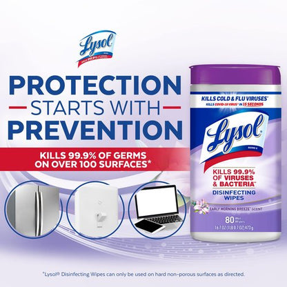Lysol Disinfectant Wipes, Multi-Surface Antibacterial Cleaning Wipes, Dorm Room Essentials for Disinfecting and Cleaning, Early Morning Breeze, 80 Count (Pack of 6)