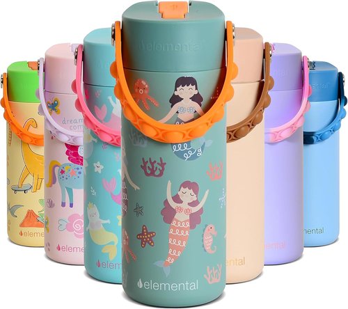Elemental Kids Insulated Water Bottle - Stainless Steel, Leak-Proof with Straw Lid & Pop-It Handle, 18oz | Mermaid Sisters