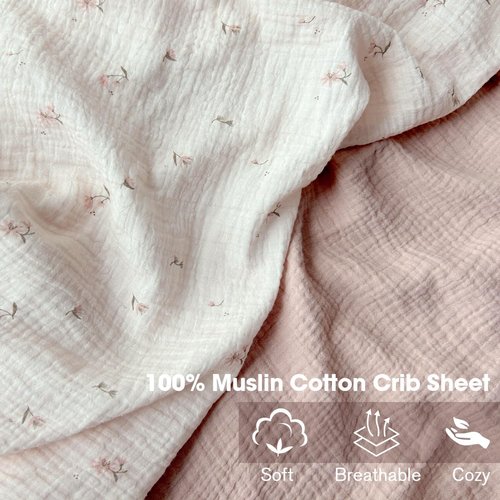Little Grape Land Muslin Crib Sheets - 100% Cotton Soft & Breathable 2-Pack | Neutral Fog Flower Design, 52x28 Inches