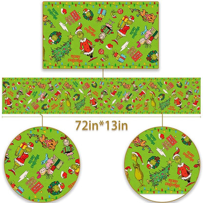 Merry Christmas Table Runner 13 x 72in Green Linen Rustic Decor