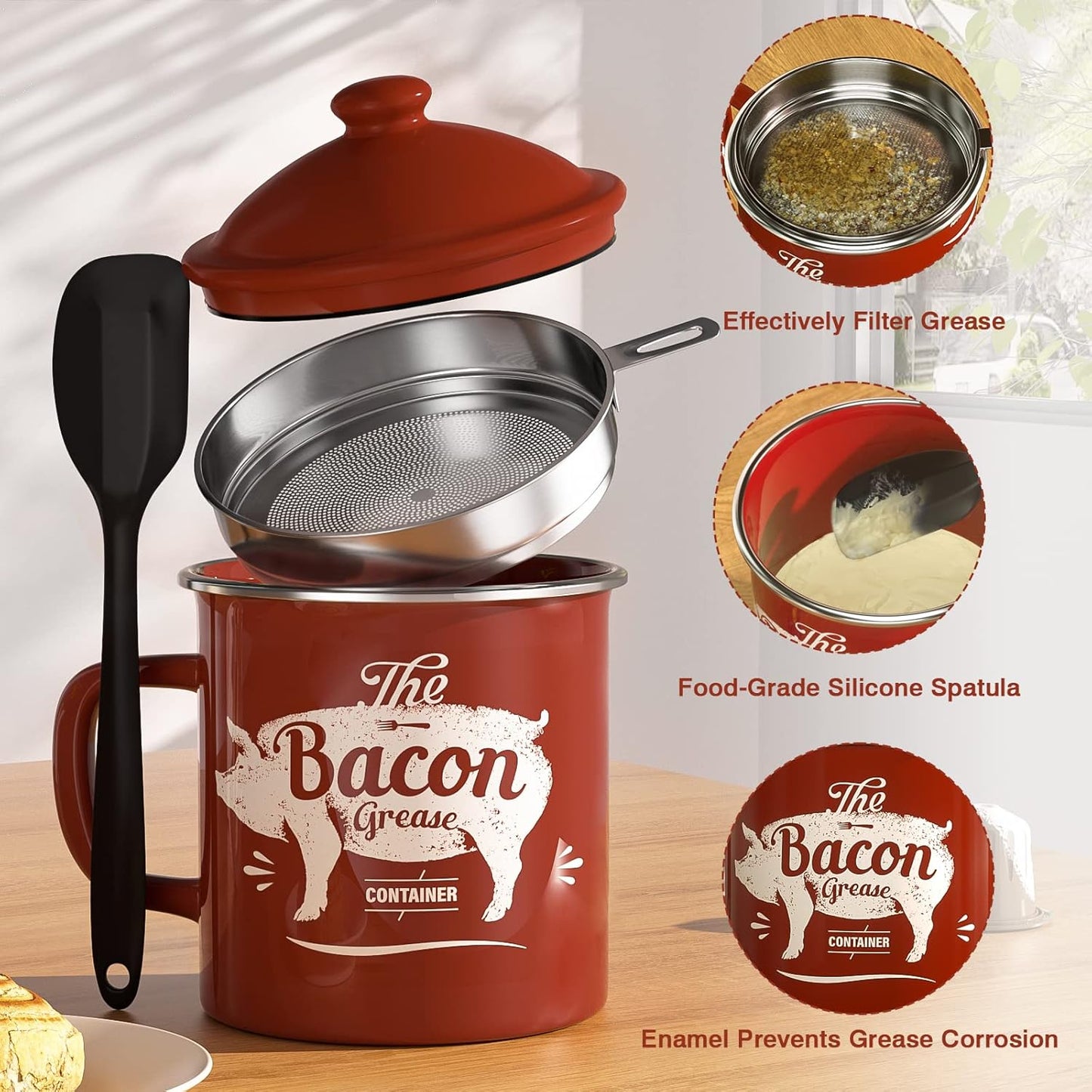 Skiennix Black Meat Chopper & 46oz Red Bacon Grease Container - Efficient Kitchen Tools