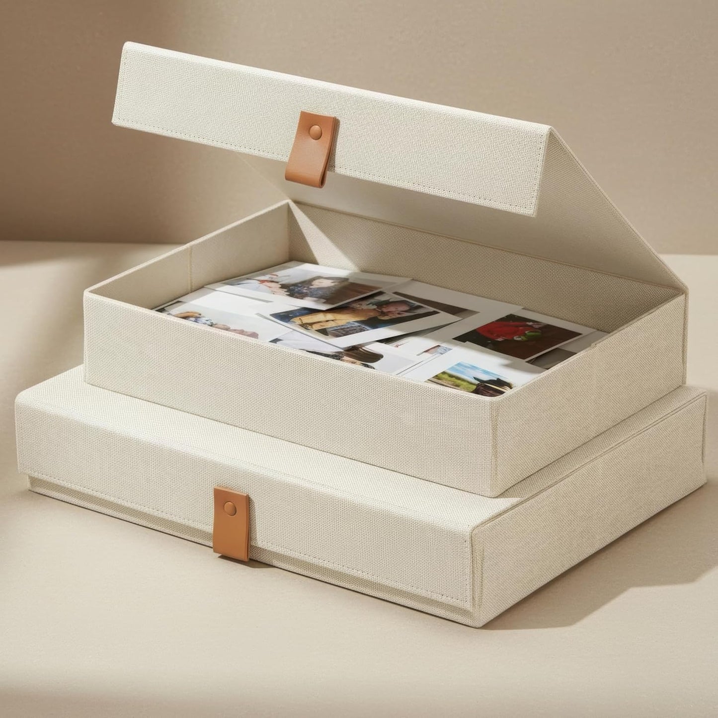 Skiennix Decorative Photo Storage Boxes - Set of 2 Stylish Linen Organizers for Pictures & Keepsakes