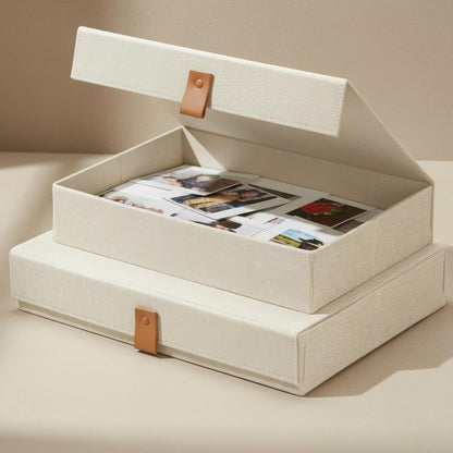 Skiennix Decorative Photo Storage Boxes - Set of 2 Stylish Linen Organizers for Pictures & Keepsakes