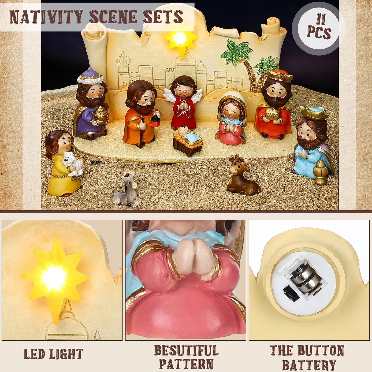 Skiennix Mini Christmas Nativity Set - 11 Colorful Figurines with Light | Rearrangeable Manger Decor